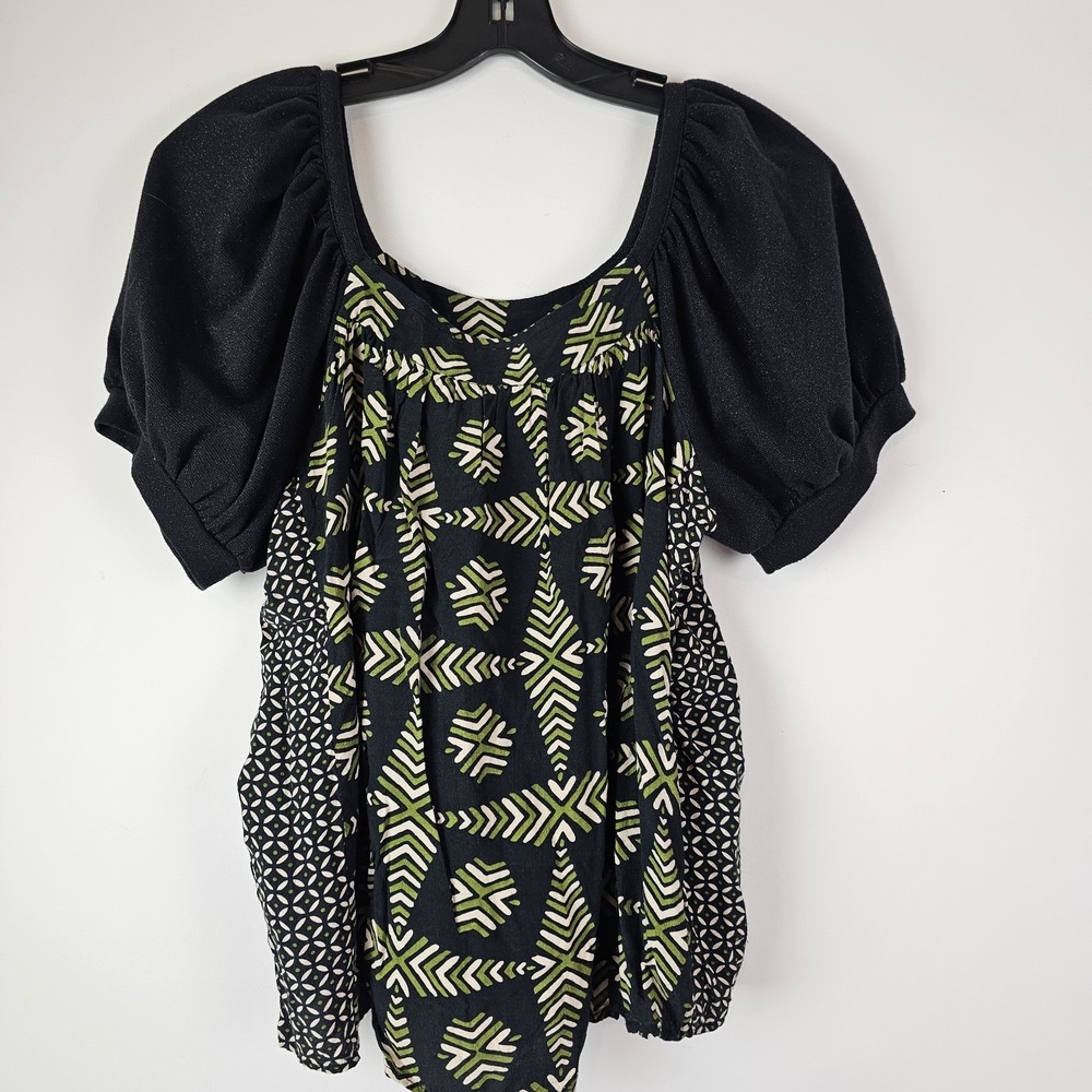 Anthropologie Maeve Catania Green Black Puff Sleeve Boho Peasant Top Medium